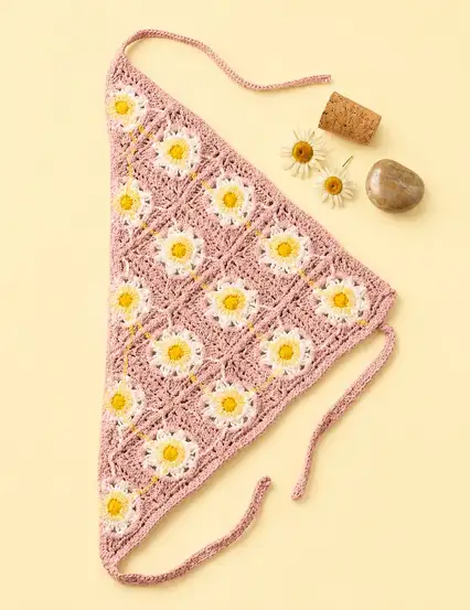 Gül Kurusu Pembe Papatyalı Örgü Üçgen Bandana
