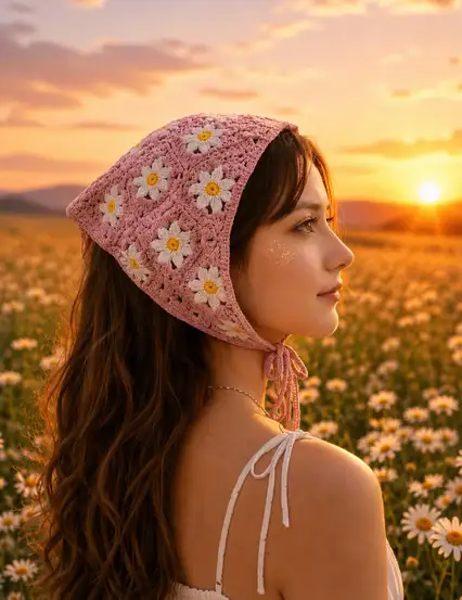 Gül Kurusu Pembe Papatyalı Örgü Üçgen Bandana