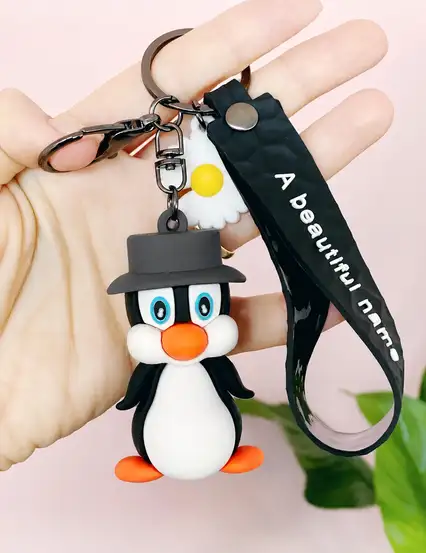 Anahtarlık Çanta Aksesuarı - Gri Şapkalı Slikon Penguen Anahtarlık