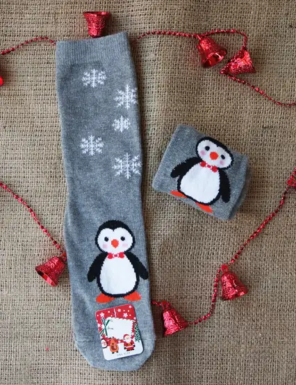 Yeni Yıl Penguen Gri Çorap