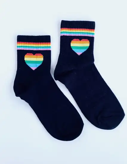 Çorap N134 - Rengarenk renkli kalp Siyah Çorap