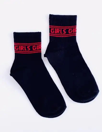 Çorap N142 - GIRLS Kırmızı şeritli Siyah Soket Çorap