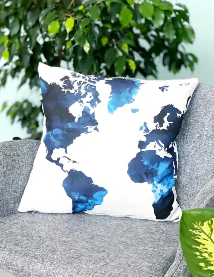 Yastık Kılıfı - Mavi Dünya Harita Kırlent Kılıfı