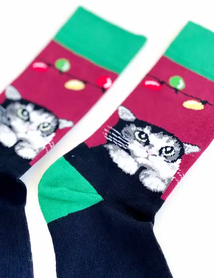 Çorap N267 - Bordo Siyah Kedi Çorap