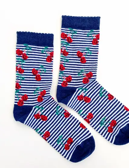 Çorap N290 - Lacivert Çizgili Mutlu Kirazlar Çorap