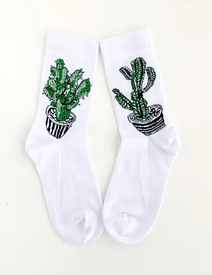 Çorap N326 Beyaz Serisi - Saksılı Kaktüs Çorap