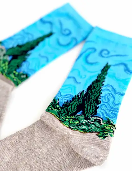 Çorap N357 -  Tablo Serisi - Gri Wheat Field With Cypresses Çorap