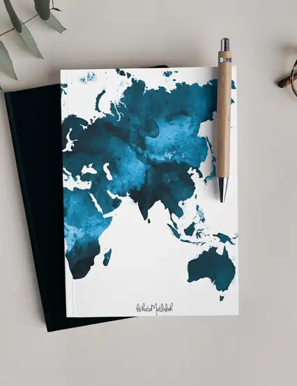 Mavi Sulu Boya Dünya Harita Defter - Çizgisiz Defter Serisi - N060