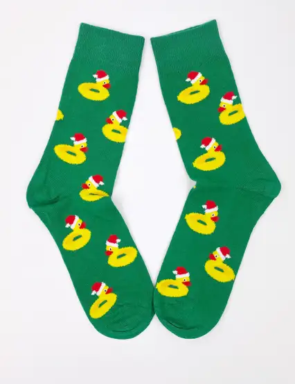Çorap N382 - Yılbaşı Çorap -  Yeşil Noel Şapkalı Ördek Çorap