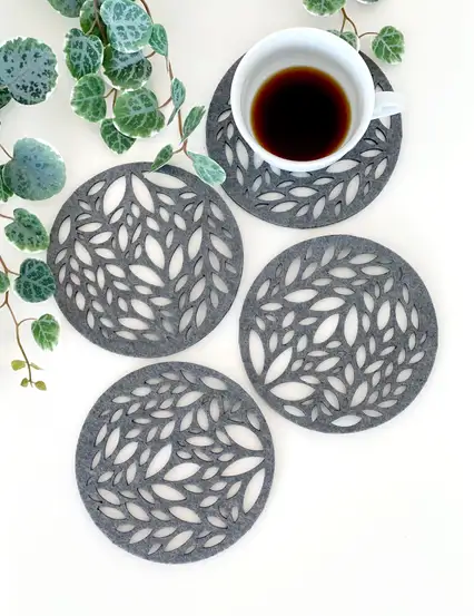 Gri Yaprak Desenli Bardak Altlığı ( 4lü )