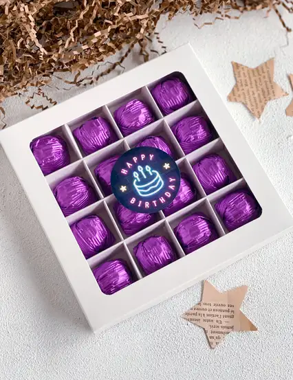 Happy Birthday Melodi Mor Yaldızlı Kristal Çikolata Hediye Kutusu ( Kapaklı )