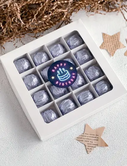 Happy Birthday Melodi Lila Yaldızlı Kristal Çikolata Hediye Kutusu ( Kapaklı )
