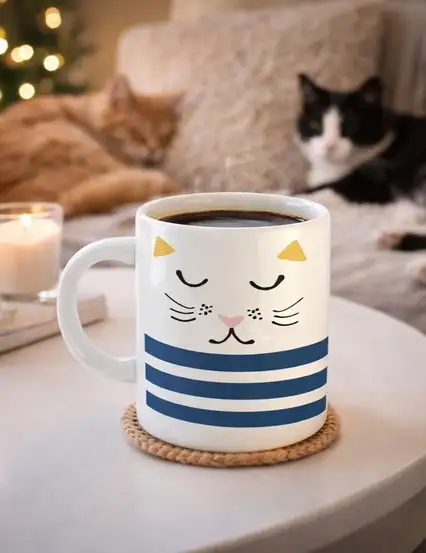 Mavi Pijamalı Uykucu Kedi Hediye Kupa