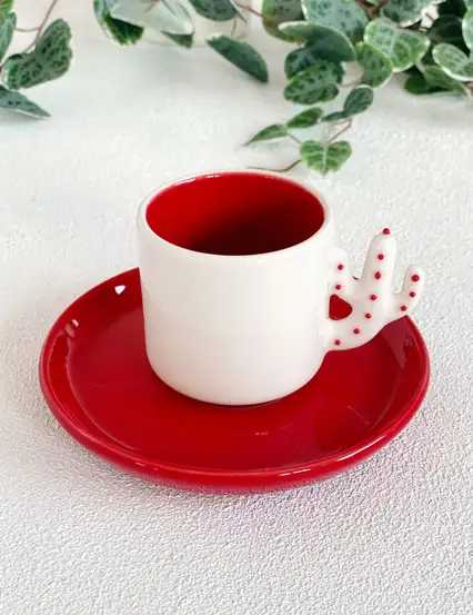 El Yapımı Kırmızı Kaktüs Türk Kahvesi Fincanı
