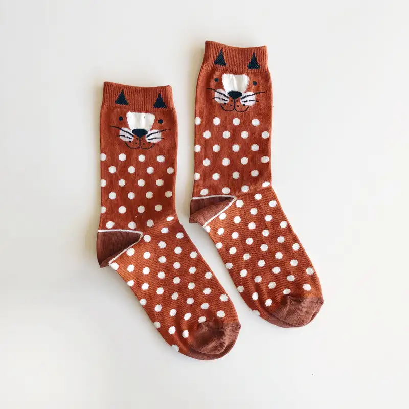 Çorap N053 Sonbahar serisi - Puantiyeli Kahverengi Mutlu Kedi Çorap