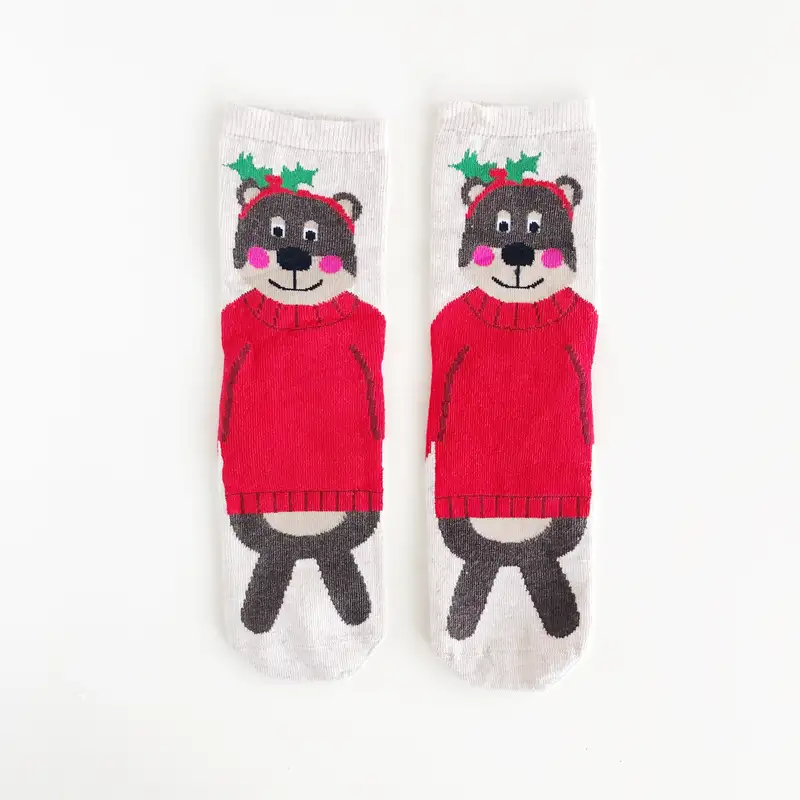 Yılbaşı serisi kırmızı kazaklı boz ayı krem çorap