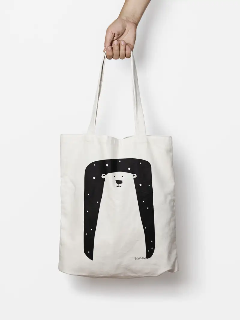 Yılbaşı bez çanta - yıldızlı mutlu beyaz ayı