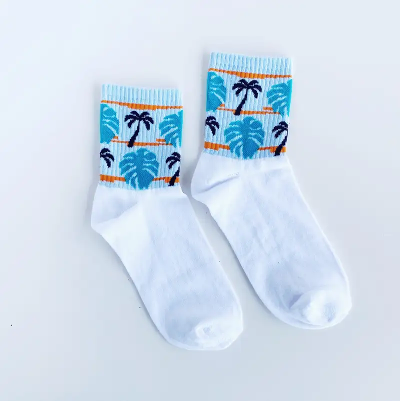 Çorap N117 - Palmiye serisi mavi yapraklı Beyaz Çorap